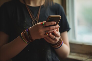 A woman holding a cell phone with colorful bracelets on.