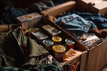 Box of clothing and canned food - obrazy, fototapety, plakaty