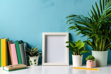 A white frame with a blank picture on a table with a potted plant.