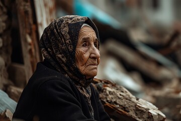 An elderly woman with a scarf on her head, looking sad and sitting on a pile of rubble
