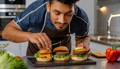 Close-up of a chef cooking healthy burgers