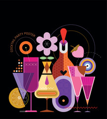 Cocktail party poster design. Geometric style colored image of a cocktail glasses and a bottle of liquor isolated on a black background.