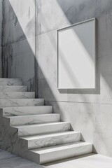 A set of white marble stairs with a large mirror on the wall above them