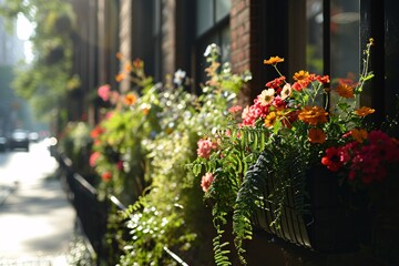 A variety of colorful flowers in pots lining a city street