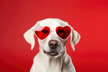 Beautiful elegant labrador dog wearing red glasses heart-shaped on red colored background - obrazy, fototapety, plakaty