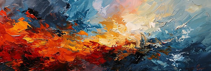 Colorful Abstract Painting with Orange, Blue, and Yellow Tones - obrazy, fototapety, plakaty