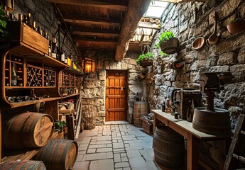 A rustic wine cellar with wooden barrels and stone walls. - obrazy, fototapety, plakaty