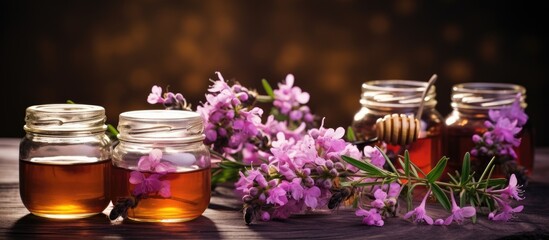 Obraz na płótnie Canvas Alternative medicine - forest heather flowers and honey in a jar, soft focus, space for copy.