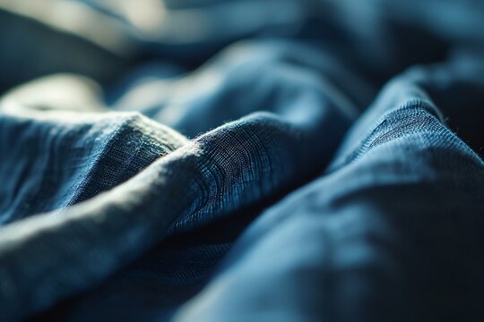 Blue denim fabric on a bed