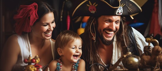 A joyful family gets ready for a costume party with a little girl dressed as a pirate, playing...