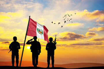 Silhouette of a soldier with the Peru flag stands against the background of a sunset or sunrise. Concept of national holidays. Commemoration Day.