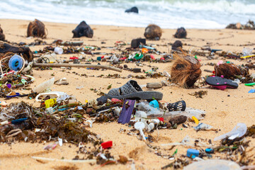Garbage on sea beach, dirty ocean water, environmental pollution, ecological problem, waste management, junk recycle, unsorted rubbish, plastic bag, glass bottle, metal can, trash, refuse pile, litter
