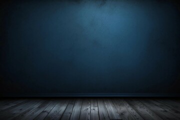 Empty room. Dark blue background wall, wooden floor. Generative AI.