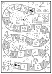 Naklejka premium Saint Valentine black and white board game with funny cat boy going to cat girl. Love holiday line boardgame with house, flowers, hearts. Cute printable roll a dice activity or coloring page.