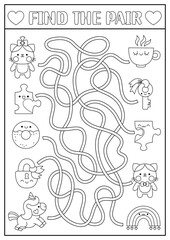 Saint Valentine black and white maze for kids. Love holiday line printable activity with kawaii pairs. Labyrinth game, puzzle, coloring page with cat, jigsaw puzzle, cup, donut, unicorn, rainbow.