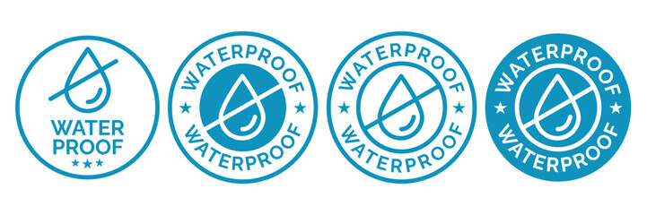 Set waterproof badge vector for product. Collection of water resistant signs. Water protection, liquid proof protection. Shield with water drop. Anti wetting material, surface protection. - obrazy, fototapety, plakaty