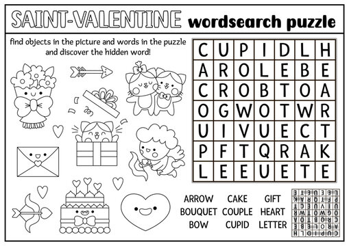 Vector Saint Valentine Black And White Word Search Puzzle For Kids. Love Holiday Quiz. Educational Kawaii Activity, Coloring Page. Cute English Language Cross Word With Cupid, Heart, Couple.