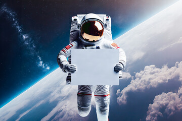 An astronaut floating in space holding a blank sign