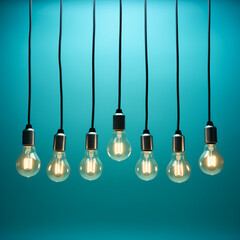 Light bulbs hanging from the top on blue background concept.