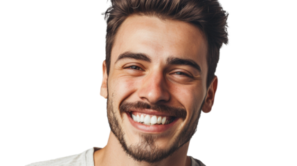 Young man with beautiful smile . Teeth whitening isolated on transparent background, ai technology