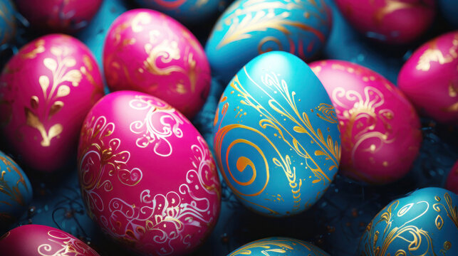 Bright Easter pink and blue eggs with painted, Top view, Closeup