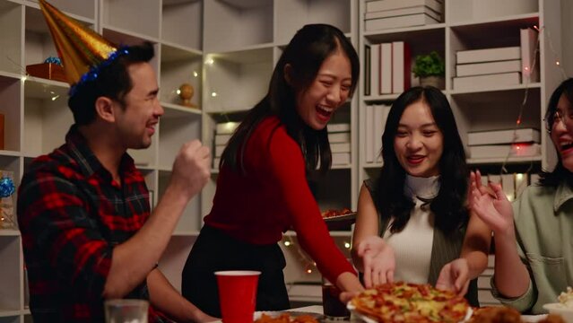 Friends join and celebrate the party with eating foods and drinks. Happy and joyful in holiday weekend and festival.
