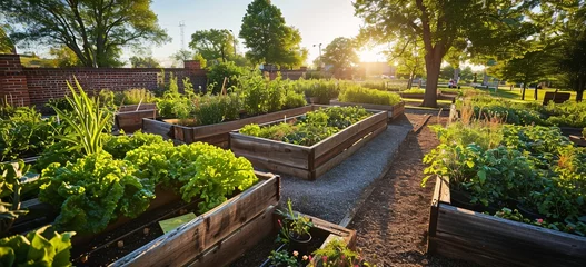 Fotobehang A garden with wooden planters and a variety of plants © boopul