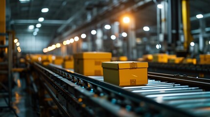 Boxes on a conveyor belt in a factory setting - obrazy, fototapety, plakaty