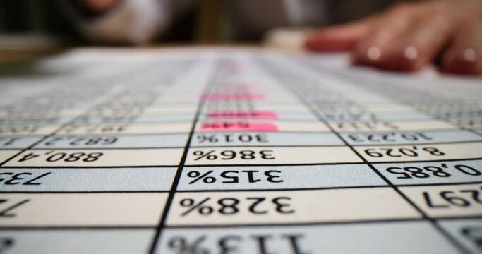 Accountant circling numbers in table on paper with pink marker closeup 4k movie slow motion