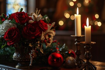 A beautifully decorated table with a vase of red roses and white flowers, lit candles, and Christmas ornaments