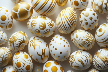 Photo of art deco style print decorated Easter eggs pattern flat lay white and gold colors, modern