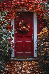 Fototapeta na wymiar A red door with a wreath and autumn leaves