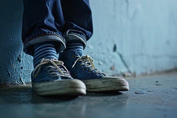 A pair of blue jeans and sneakers - obrazy, fototapety, plakaty