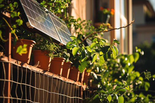 Solar Panels and Plants on a Balcony