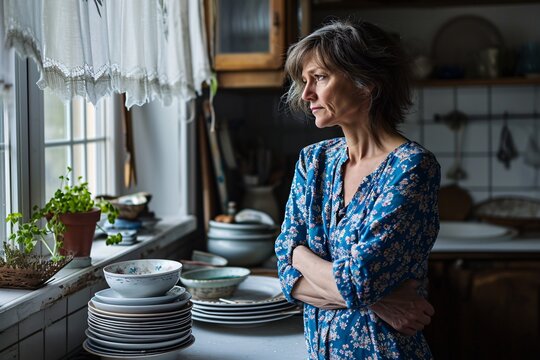 A Woman Looking Out The Window In A Kitchen.