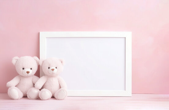 Cute couple teddy bear with picture frame on pastel pink background. Valentines Day concept
