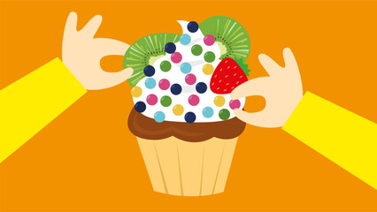 Illustration of a hand holding a cupcake with ice cream and fruits