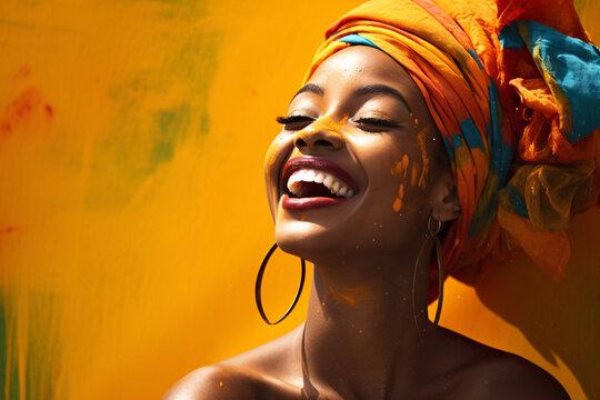 portrait of an african american woman with a colorful scarf as a headdress and a background in bright colors