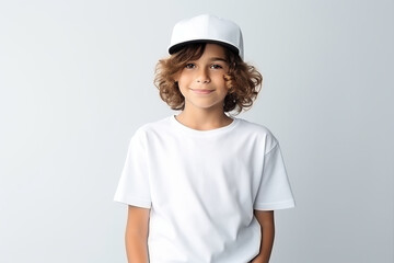 Cute boy in white t-shirt and cap. Kids t-shirt mockup. - obrazy, fototapety, plakaty
