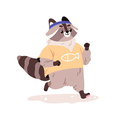 Obraz na płótnie Canvas Cute raccoon running. Sport animal character jogging. Happy funny racoon jogger, runner athlete exercising, training. Healthy workout. Kids flat vector illustration isolated on white background