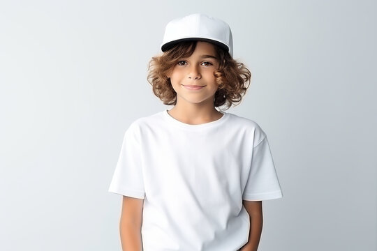 Cute Boy In White T-shirt And Cap. Kids T-shirt Mockup.