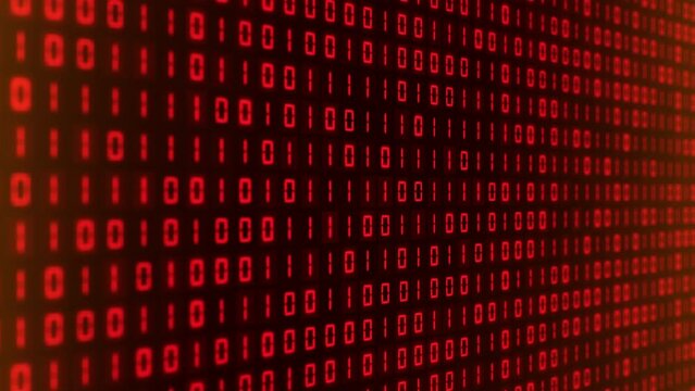Video animation of an encoding of a binary code in light red on a dark background. - Moving abstract background.