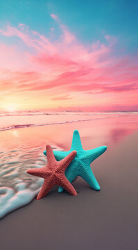 Red and blue starfishes on the beach in the sunset. Natural summer concept.