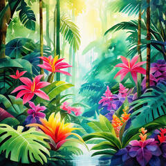 Naklejka premium A vibrant watercolor depiction of a tropical rainforest scene with dense vegetation, exotic flowers, and sunlight piercing through the canopy