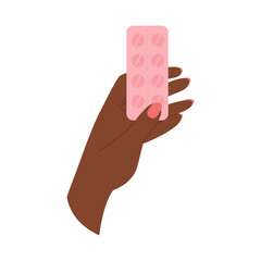 African american  black female hand holds blister with pills from pain. Headache, stomach ache. Medicine