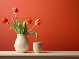 Tulips on a pot of water and a table in front of an orange wall