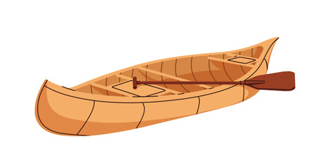 Wooden boat. Wood canoe with paddle. Water vessel for river trip. Traditional touristic rowing transport in vintage style. Flat vector illustration isolated on white background