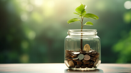 Plant in a clear jar filled with coins Saving income Returns from investing money from stocks or funds - obrazy, fototapety, plakaty