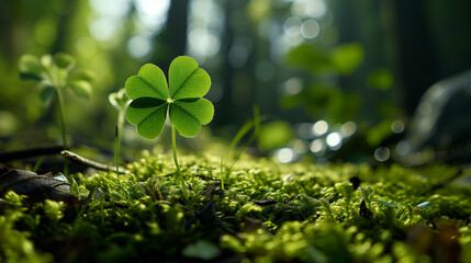 A four-leaf clover in the forest is a symbol or representative of good luck. - obrazy, fototapety, plakaty