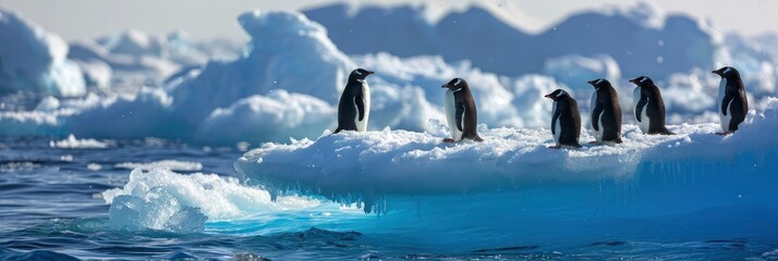 penguins on ice floe in the ocean ,Climate change impact  ,Generative AI - obrazy, fototapety, plakaty
